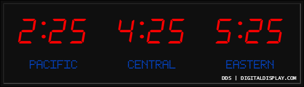 3 zone clock with red time and blue zone names