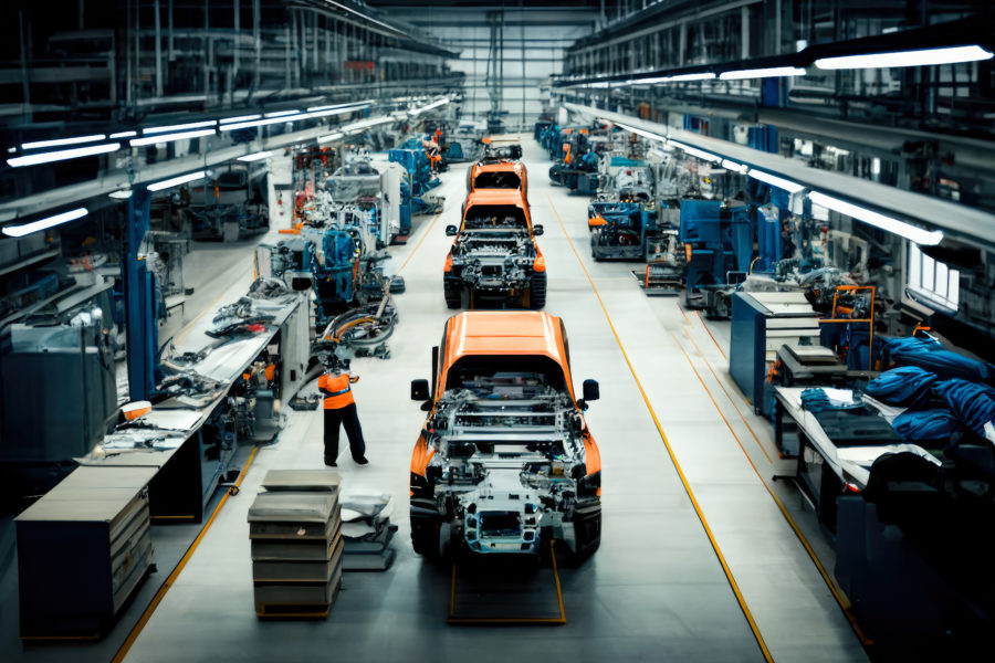 A car assembly factory using stations to improve their manufacturing efficiency.